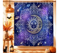 Tenda da doccia celestiale con sole e luna mandala per Halloween, 183 x 183 | Mandala celeste, motivo cosmico, stile bohémien, atmosfera mistica, combinazione di colori blu scuro, facile da appendere