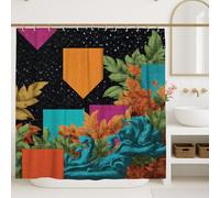 Tenda da doccia colorata con motivo floreale, elementi con foglie arancioni e blu, per arredamento estivo del bagno, design astratto moderno contemporaneo, tessuto impermeabile con ganci, 183 x 213 cm