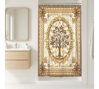 Tenda da doccia con albero della vita, beige marrone, decorazione floreale per bagno, autunno inverno, rustica, vintage, impermeabile, in tessuto con ganci, 91 x 183 cm
