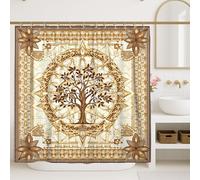 Tenda da doccia con albero della vita, beige marrone, decorazione floreale per bagno, autunno inverno, rustica, vintage, impermeabile, in tessuto con ganci, 183 x 213 cm