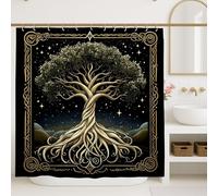 Tenda da doccia con albero della vita, design naturale nero e oro, decorazione per il bagno, moderna rustica autunno inverno tenda da doccia in tessuto impermeabile con ganci, 183 x 183 cm