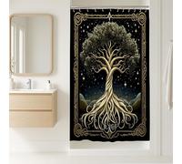 Tenda da doccia con albero della vita, design naturale nero e oro, decorazione per il bagno, moderna rustica autunno inverno tenda da doccia in tessuto impermeabile con ganci 91 x 183 cm