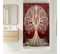 Tenda da doccia con albero della vita, rustica rossa e bianca, decorazione per il bagno, tenda da doccia in tessuto impermeabile con ganci, 91 x 183 cm