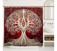 Tenda da doccia con albero della vita, rustica rossa e bianca, decorazione per il bagno, tenda da doccia in tessuto impermeabile con ganci, 183 x 213 cm