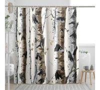 Tenda da doccia con albero di betulla, con immagine di tronco d'albero, pittura a olio, bosco, foresta, beige, grigio, marrone, poliestere, decorativa, impermeabile, lavabile, per bagno, appartamento