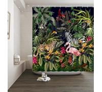 Tenda da doccia con animali della foresta pluviale, foresta tropicale, giungla, foresta, leopardo, fenicottero, zebra, pappagallo, scimmia, tucano, foglia di palma, pianta verde, fauna selvatica, zoo,