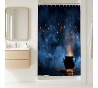 Tenda da doccia con calderone mistico, blu scuro magico decorazione per il bagno di Halloween, incantevole autunno inverno stile moderno tenda da doccia in tessuto impermeabile con ganci 91 x 183 cm