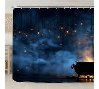 Tenda da doccia con calderone mistico, blu scuro magico decorazione per il bagno di Halloween, incantevole autunno inverno stile moderno tenda da doccia in tessuto impermeabile con ganci 274 x 183 cm