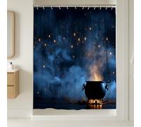 Tenda da doccia con calderone mistico, blu scuro magico decorazione per il bagno di Halloween, incantevole autunno inverno stile moderno tenda da doccia in tessuto impermeabile con ganci, 182 x 248 cm