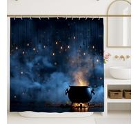 Tenda da doccia con calderone mistico, blu scuro magico decorazione per il bagno di Halloween, incantevole autunno inverno stile moderno tenda da doccia in tessuto impermeabile con ganci, 183 x 213 cm