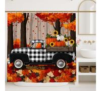 Tenda da doccia con camion autunnale, decorazione per il bagno con foglie d'acero giallo arancione e giallo, pick-up vintage autunnale con zucche, fiori rustici, tessuto impermeabile per la casa, 182