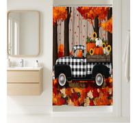 Tenda da doccia con camion autunnale, decorazione per il bagno con foglie d'acero giallo arancione e giallo, pick-up vintage autunnale con zucche, fiori rustici, tessuto impermeabile per la casa, 91 x