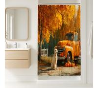 Tenda da doccia con camion autunnale, rustica giallo arancione vintage pickup, decorazione per il bagno, raccolta autunnale con cane e zucche, tenda da doccia in tessuto impermeabile stagionale per