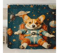 Tenda da doccia con cane astronauta, design corgi spaziale carino con pianeti, colore blu brillante, stile moderno e divertente per la camera dei bambini, tenda da doccia in tessuto impermeabile con