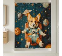 Tenda da doccia con cane astronauta, design corgi spaziale carino con pianeti, decorazione per il bagno di colore blu brillante, stile moderno e divertente per la camera dei bambini, tenda da doccia