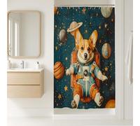 Tenda da doccia con cane astronauta, design corgi spaziale carino con pianeti, decorazione per il bagno di colore blu brillante, stile moderno e divertente per la camera dei bambini, tenda da doccia