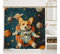 Tenda da doccia con cane astronauta, design corgi spaziale carino con pianeti, decorazione per il bagno di colore blu brillante, stile moderno e divertente per la camera dei bambini, tenda da doccia
