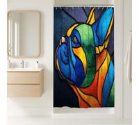 Tenda da doccia con cani francesi, decorazione da bagno colorata in stile vetro colorato, blu vibrante con arancione, regalo per amanti degli animali, per la primavera e l'estate, tessuto impermeabile