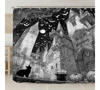 Tenda da doccia con castello gotico, nero e bianco, decorazione per il bagno di Halloween, stile autunnale, arte moderna, impermeabile, in tessuto con ganci, 274 x 183 cm