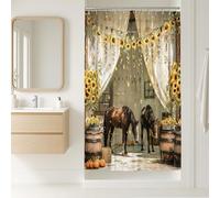 Tenda da doccia con cavalli girasole, decorazione rustica marrone giallo floreale per il bagno, autunno autunno vintage stile fattoria tenda in tessuto impermeabile con ganci 91 x 183 cm