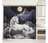 Tenda da doccia con cavallo magico, decorazione per il bagno con fantasia bianca, tema cielo notturno con foresta incantata, tenda da doccia moderna in tessuto impermeabile con ganci, 182 x 183 cm