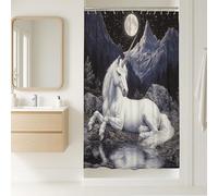 Tenda da doccia con cavallo magico, decorazione per il bagno con fantasia bianca, tema cielo notturno con foresta incantata, tenda da doccia moderna in tessuto impermeabile con ganci, 91 x 183 cm