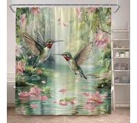 Tenda da doccia con colibrì, rosa, floreale, foglie verdi, pianta, natura, paesaggio, tende da bagno, tessuto, decorazione per la casa, bagno, 155x210cm, tenda da vasca