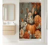 Tenda da doccia con coniglietto carino, decorazione floreale arancione zucca per il bagno, autunno autunno colorato stile natura per la casa dei bambini, tessuto impermeabile con ganci 91 x 183 cm