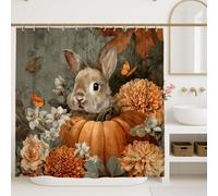 Tenda da doccia con coniglietto carino, decorazione floreale arancione zucca per il bagno, autunno autunno colorato stile natura per la casa dei bambini, tessuto impermeabile con ganci, 183 x 213 cm