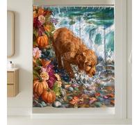 Tenda da doccia con cuccioli dorati, foglie e fiori autunnali colorati, decorazione per il bagno, tenda da doccia in tessuto impermeabile con ganci, 182 x 248 cm