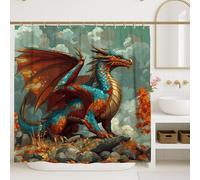 Tenda da doccia con drago fantasy, blu vivace con creature arancioni, decorazione per il bagno, tenda da doccia artistica in tessuto impermeabile con ganci, 183 x 213 cm