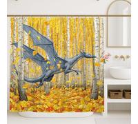 Tenda da doccia con drago fantasy, creatura blu con foglie gialle autunnali, decorazione per il bagno, tenda da doccia in tessuto impermeabile con ganci, 183 x 183 cm