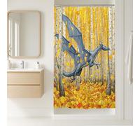 Tenda da doccia con drago fantasy, creatura blu in autunno foglie gialle, decorazione per il bagno, tenda da doccia in tessuto impermeabile con ganci, 91 x 183 cm
