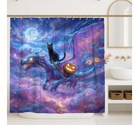 Tenda da doccia con drago fantasy, vivace blu viola, decorazione per il bagno di Halloween, autunno inverno, gatto cosmico, tenda da doccia in tessuto impermeabile con ganci, 183 x 213 cm