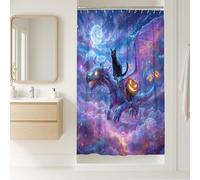 Tenda da doccia con drago fantasy, vivace blu viola, decorazione per il bagno di Halloween, autunno inverno, gatto cosmico, tenda da doccia in tessuto impermeabile con ganci, 91 x 183 cm
