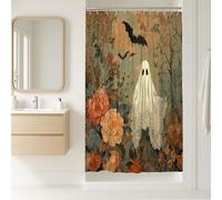 Tenda da doccia con fantasma floreale, stile vintage, arancione e pesca, decorazione per il bagno, per Halloween, autunno, rustica, chic, impermeabile, con ganci, 91 x 183 cm