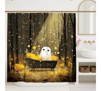 Tenda da doccia con fantasma nella vasca da bagno, zucca gialla floreale Halloween decorazione per il bagno, tenda da doccia in tessuto impermeabile moderno autunnale con ganci, 183 x 183 cm