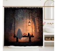 Tenda da doccia con fantasmi e gatti, lanterna da doccia con zucca nera spettrale, decorazione per il bagno, tenda da doccia moderna in tessuto con ganci, 183 x 198 cm