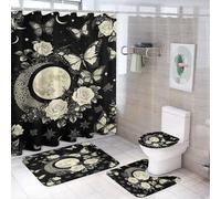 Tenda da doccia con farfalla e rosa a mezzaluna mistica, 4 pezzi, 72 x 72 cm, copriwater, tappetini antiscivolo e tappetino a U, set di decorazioni per il bagno con stelle rustiche nere e 12 ganci