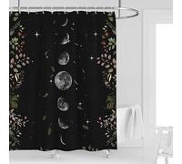 Tenda da doccia con fasi lunari, 152 cm di larghezza x 183 cm di lunghezza, colore nero, celestiale, gotico, strega, strega, luce di luna, eclissi lunare, mezzaluna, tende da bagno, foglie, piante