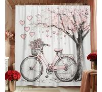 Tenda da doccia con fiori di ciliegio, decorazione floreale da pesca, per bagno, arte moderna, con biciclette e cuori, set tenda da doccia in tessuto impermeabile con ganci 183 x 198 cm