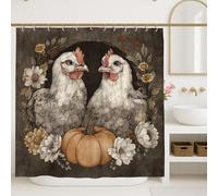 Tenda da doccia con galline, decorazione per il bagno vintage grigia con zucca e fiori, tenda da doccia in tessuto impermeabile in stile rustico autunnale con ganci, 152 x 183 cm