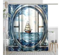 Tenda da doccia con ganci Barca a vela vintage rustica classica a tema mare Country blu navy poliestere decorazione bagno watersistant scuola ospite bagno Toile Walk in tenda da doccia 183 x 198 cm