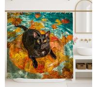 Tenda da doccia con gatto autunnale, gatto galleggiante sulla piscina con foglie, decorazione per il bagno stagionale autunnale, graziosa tenda da doccia in tessuto impermeabile con ganci, 183 x 213
