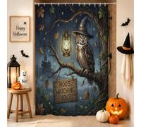 Tenda da doccia con gufo e ramo di lanterna spettrale fantasiosa con ramo di Halloween blu impermeabile tessuto decorativo tenda per bagno casa bagno toile arredamento hotel 91 x 183 cm