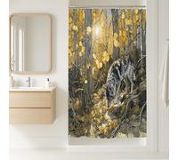 Tenda da doccia con lupo, decorazione per il bagno con animali selvatici della foresta gialla autunnale, tenda da doccia moderna rustica in tessuto ad acquerello con ganci, 91 x 183 cm
