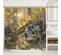 Tenda da doccia con lupo, decorazione per il bagno con animali selvatici della foresta gialla autunnale, tenda da doccia moderna rustica in tessuto ad acquerello con ganci, 183 x 213 cm