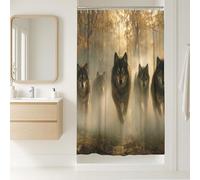Tenda da doccia con lupo, maestosa confezione di lupi grigi, decorazione da bagno, foresta autunnale, scena naturale, per casa rustica e moderna, tenda da doccia in tessuto artistico impermeabile con