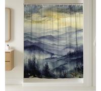 Tenda da doccia con montagne, acquarello, natura, alberi, nebbia, primavera, blu, poliestere, impermeabile, tenda da doccia per vasca da bagno, camera degli ospiti, 137 x 198 cm