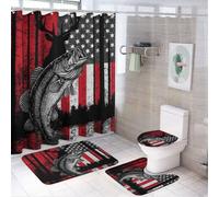 Tenda da doccia con motivo a cervo e pesce, 4 pezzi, 72 x 72 cm, copriwater, tappetini antiscivolo e tappetino a U, set di decorazioni per il bagno in stile rustico, motivo: stella, acqua, rosso, con